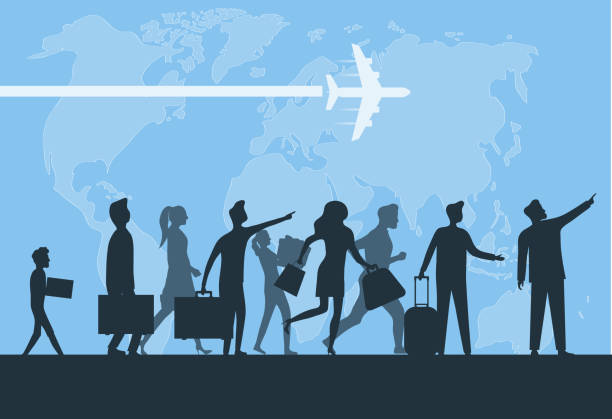 Immigration. Mini people migrate to developed countries. The concept of migration of people against the background of the Earth. Vector illustration, vector. vector art illustration
