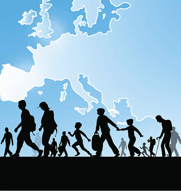 출출입국 사람들이 유럽 맵 배경기술 - migrants stock illustrations