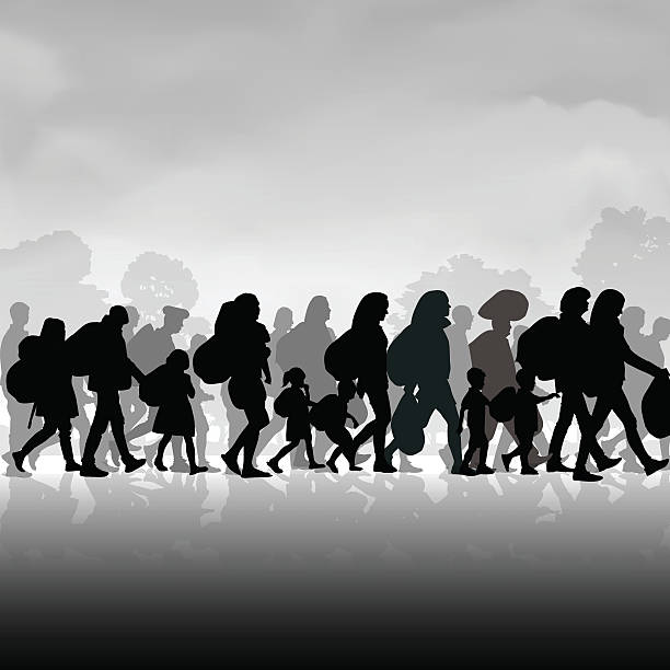 Immigration people Silhouettes of refugees people searching new homes or life due to persecution. Vector illustration women borders stock illustrations