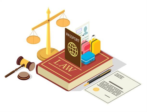 Immigration regulation law vector flat isometric illustration Immigration law vector concept illustration. Legal symbols Law book with passport, visa, suitcases, scales of justice, judge gavel, agreement. Isometric composition for web banner, website page, etc. immigration stock illustrations