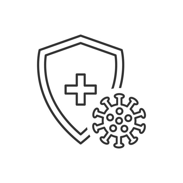 Immune flu germ line icon. Immune flu germ line icon. Virus protection symbol vector isolated on white. Shield and virus linear illustration. Antibacterial protection concept. immunology stock illustrations