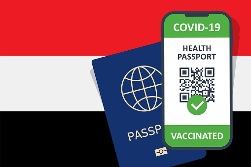 Immune Health Passport Certificate in Smartphone for Egypt. Covid-19 Vaccination Document. Vector Illustration