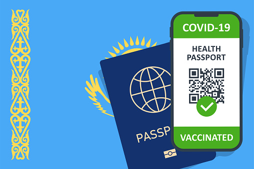 Immune Health Passport Certificate in Smartphone for Kazakhstan. Covid-19 Vaccination Document. Vector Illustration
