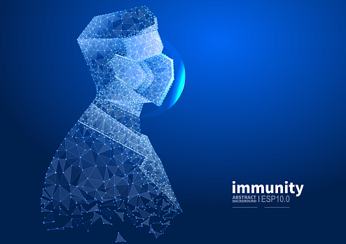 Immunity to viruses, people wearing medical masks, vector abstract low polygon defense against virus background
