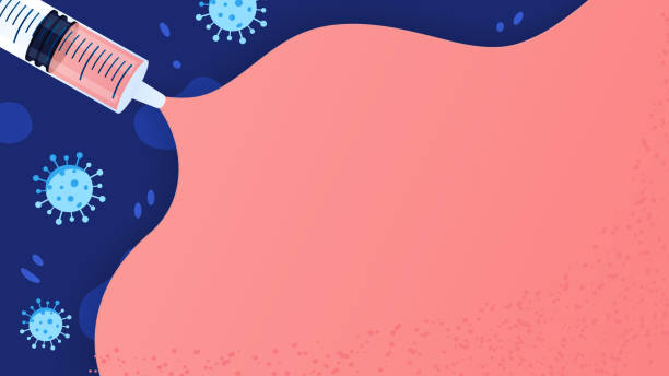 ilustraciones, imágenes clip art, dibujos animados e iconos de stock de ilustración de vectores de antecedentes de inmunización y vacunación. jeringa con espacio de copia en el fondo del virus. diseño plano tema azul y naranja - vaccine