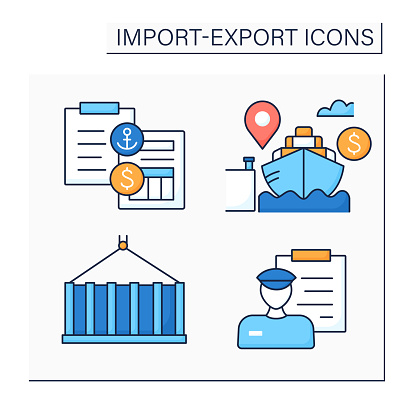 Import and export color icons set. Container, bill of loading, cost and freight, customs.International trade concept. Isolated vector illustrations