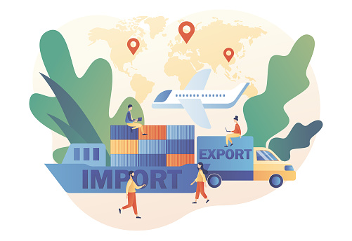 Import and export concept. Logistics business. Global trade. Maritime, air and land shipment. Sale goods and services worldwide. Modern flat cartoon style. Vector illustration on white background
