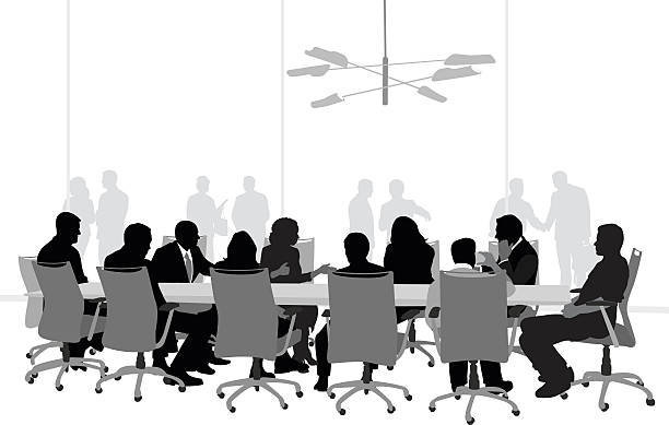 Important Business Meeting A vector silhouette illustration of a business meeting in a conference room with business men and women sitting around a table with people behind a glass window in the background. office silhouettes stock illustrations