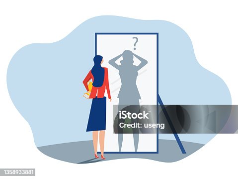 istock imposter syndrome, businesswoman looking shadow himself through mirror for Anxiety and lack of self confidence at work vector 1358933881