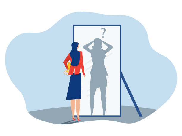 imposter syndrome, businesswoman looking shadow himself through mirror for Anxiety and lack of self confidence at work vector vector art illustration