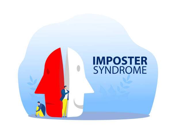 imposter syndrome, man trying on carnival masks with happy or sad expressions. vector art illustration