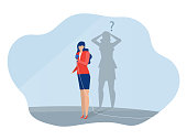 istock imposter syndrome, presenter woman with shadow himself for Anxiety and lack of self confidence at work vector 1383252864