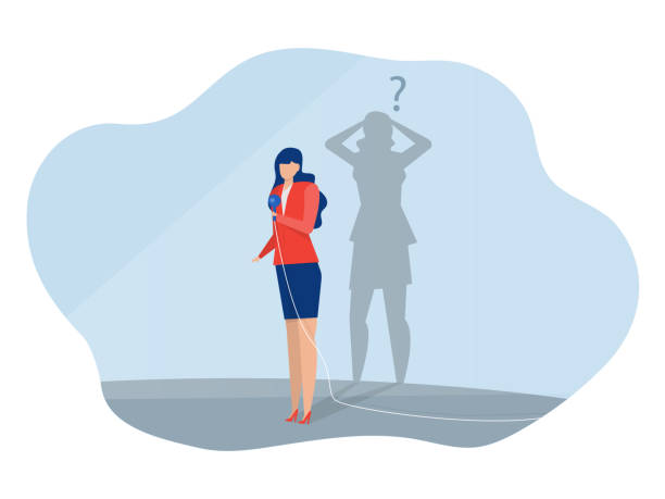 imposter syndrome, presenter woman with shadow himself for Anxiety and lack of self confidence at work vector vector art illustration