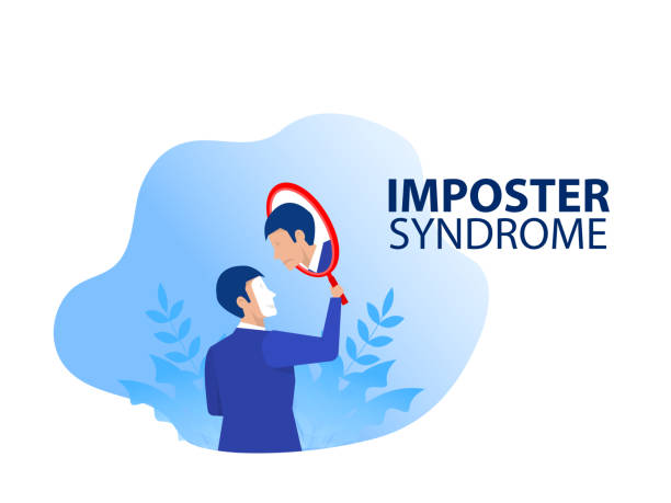 Imposter syndrome.businessman Holding a mirror with fear shadow behind. Anxiety and lack of self confidence at work,the person fakes is someone else concept vector art illustration
