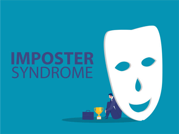 Imposter syndrome.man standing behind mask . Anxiety and lack of self confidence at work; the person fakes is someone else vector art illustration