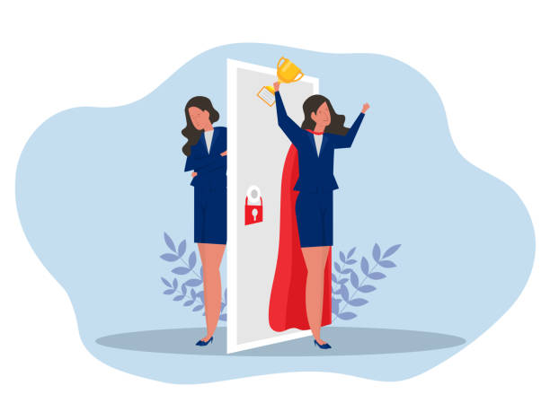 Imposter syndrome.woman standing for her present profile with fear after door . Anxiety and lack of self confidence at work; the person fakes is someone else concept vector art illustration