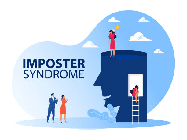 Imposter syndrome.woman standing for her present profile with get award. Anxiety and lack of self confidence at work; the person fakes is someone else concept vector art illustration