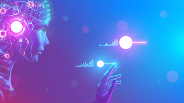 AI in image cybernetic anthropomorphic woman working with matrix data on virtual interface. head or face of artificial intelligence with mind looking at information and teaching neural networks. vector art illustration