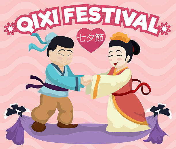 In Love Legendary Couple Commemorating Traditional Qixi Festival Couple of lovers with magpies representing the legend of meeting of "the cowherd and weaver girl" in Qixi Festival (also called "Evening of Sevens" in Chinese or "Chinese Valentine's Day"). cartoon of the family reunions stock illustrations
