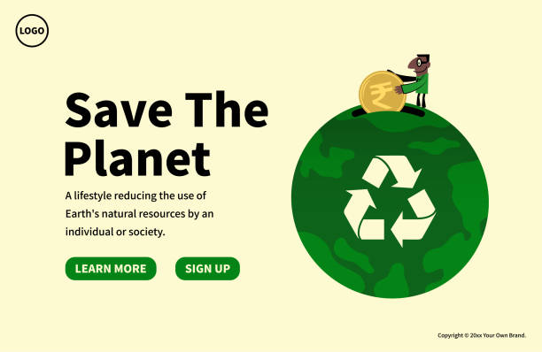 In the concept of sustainable business, growing clean Eco Earth fund, and environmental protection, a businessman puts money into the planet earth with a recycling symbol. vector art illustration
