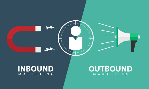 Inbound marketing and outbound marketing banner with focus customer sign between the Magnetic and Megaphone vector design Inbound marketing and outbound marketing banner with focus customer sign between the Magnetic and Megaphone vector design target market stock illustrations