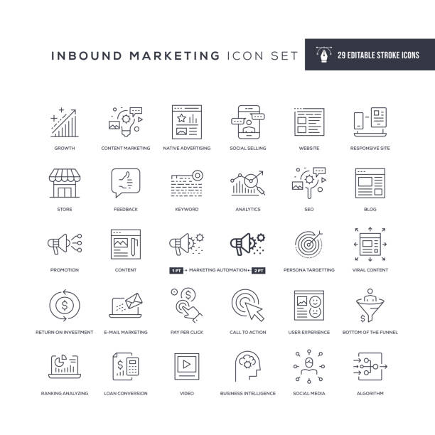 ilustrações de stock, clip art, desenhos animados e ícones de inbound marketing editable stroke line icons - marketing