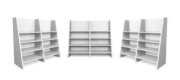 Inclined promotion shelving mockup. Isolated vector retail product stand with shelf. Inclined promotion shelving mockup. Isolated vector retail product stand with shelf market retail space stock illustrations