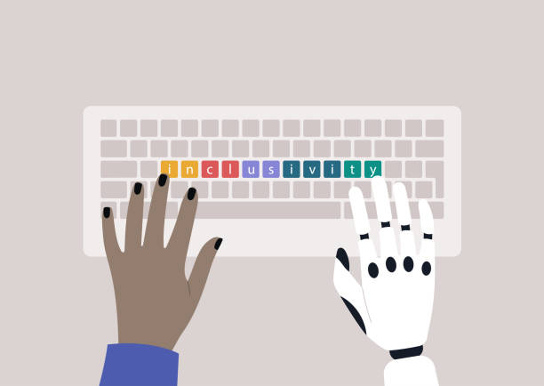Inclusivity concept, a person with a technological hand prosthesis typing on a keyboard vector art illustration