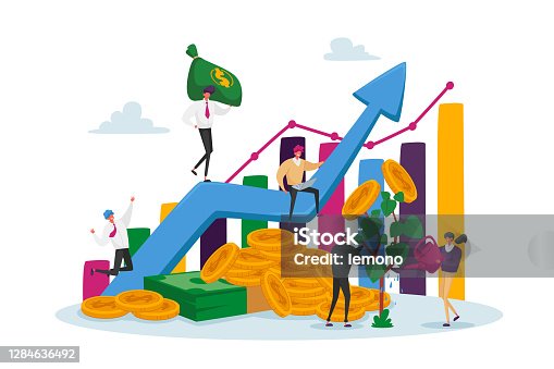 istock Income Growth Concept. Businesspeople Characters Teamwork Cooperation. Team of Businesspeople Climbing Growing Chart 1284636492