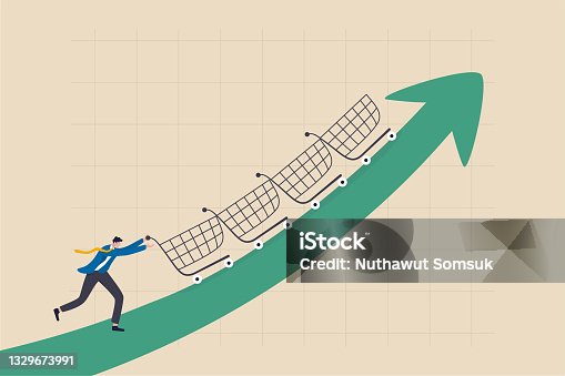istock Increase sales or profit, purchasing power growth or consumer spending more money, marketing strategy concept, businessman sale manager push role of shopping cart trolley up rising arrow. 1329673991