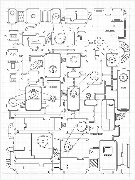 Incredible machine project Machine project lineart drawing. Included files; Aics3, Hi-res jpg. factory designs stock illustrations