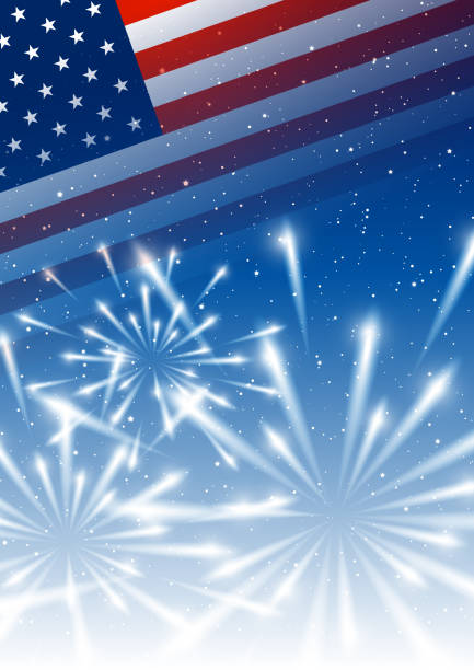 ilustraciones, imágenes clip art, dibujos animados e iconos de stock de antecedentes de día de la independencia con bandera americana y fuegos artificiales brillantes - fourth of july fireworks