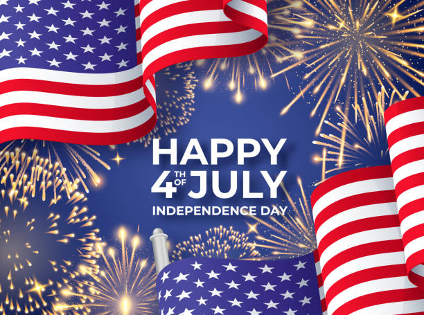 dzień niepodległości usa. baner z machaniem amerykańskimi flagami narodowymi i fajerwerkami. 4 lipca szablon plakatu - happy 4th of july stock illustrations