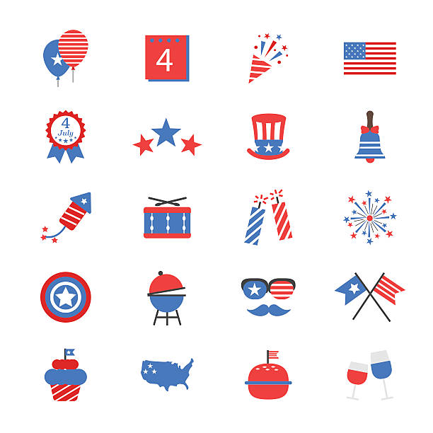 ilustraciones, imágenes clip art, dibujos animados e iconos de stock de iconos de día de la independencia de color plano - july 4