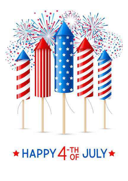 ilustraciones, imágenes clip art, dibujos animados e iconos de stock de tarjeta de felicitación del día de la independencia con petardo y fuegos artificiales en blanco - fourth of july fireworks