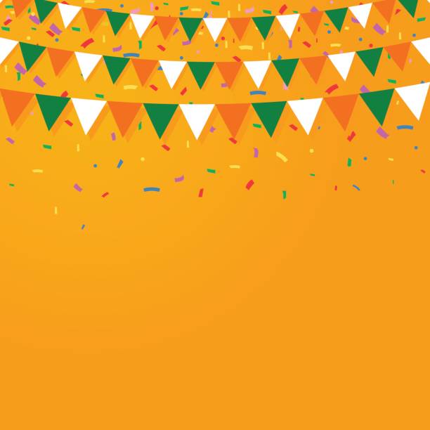 Independence day India 15th August Happy Independence day India 15th August. Party flags and confetti on orange background. Vector illustration. dhole stock illustrations