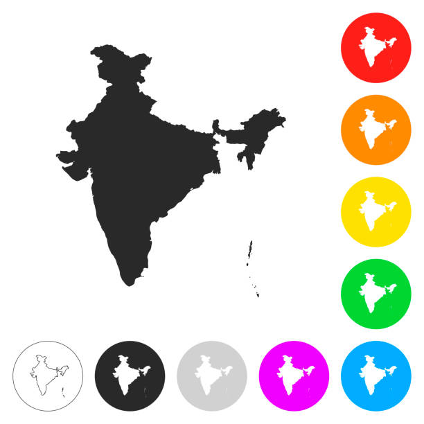 stockillustraties, clipart, cartoons en iconen met india kaart - plat pictogrammen op knoppen in verschillende kleur - india