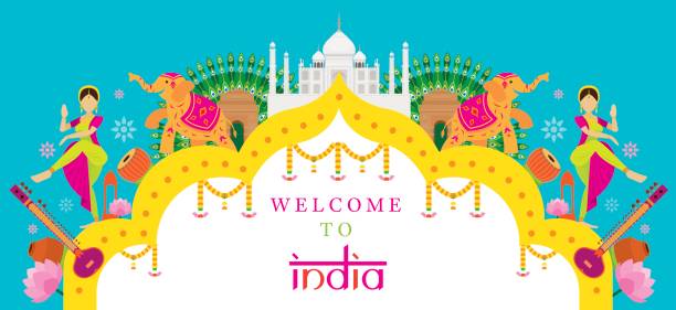 India Travel Attraction banner Landmarks, Tourism and Traditional Culture dancing borders stock illustrations