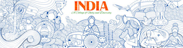 stockillustraties, clipart, cartoons en iconen met indiase achtergrond, tonen de ongelooflijke cultuur en diversiteit met monument-, dans- en festival viering voor 15 augustus onafhankelijkheidsdag van india - india