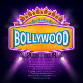 Indian bollywood cinema vector sign board. Illuminated banner bollywood movie film illustration
