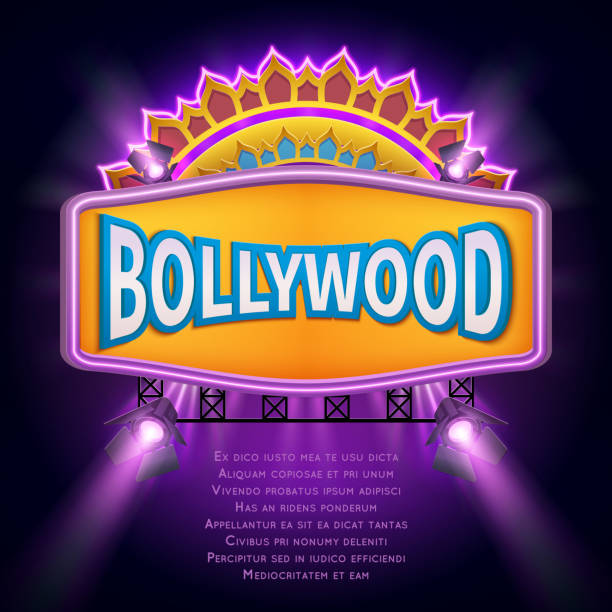 Indian bollywood cinema vector sign board Indian bollywood cinema vector sign board. Illuminated banner bollywood movie film illustration performance designs stock illustrations