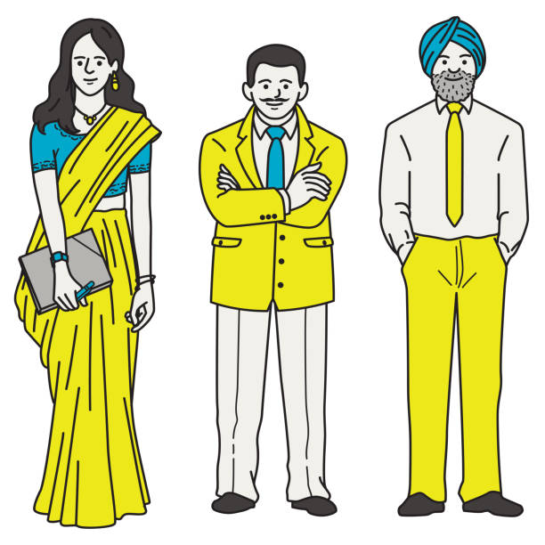 Indian businessman and woman Vector illustration full length character of Indian businessman and businesswoman, man in suits and Sikh turban, woman in traditional saree.  Outline, thin line art, linear style. businessman drawings stock illustrations