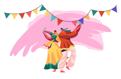 Indian Dancer Performing on National Festival. Man and Woman Dance in Traditional Costume in Exotic India. Young Lady in Sari Dancing on Asian Show Ceremony. Flat Cartoon Vector Illustration