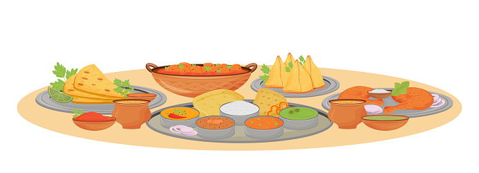 Indian dishes serving cartoon vector illustration. Traditional cuisine meals and spicy sauces in thali flat color object. Indian restaurant food, served table surface isolated on white background