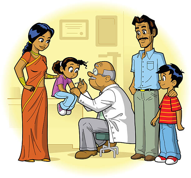 Indian Family Doctor Visit Indian Family Visiting Doctor's Office and Daughter Gets a Shot mother clipart stock illustrations