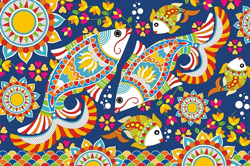 Indian Folk Painting- Ornamental Madhubani Painting of a fish