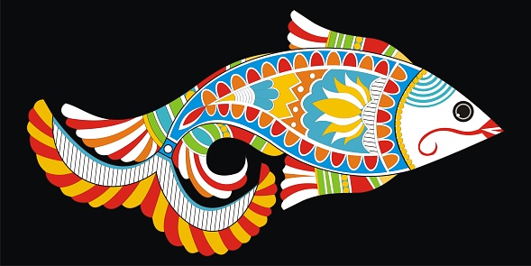 Indian Folk Painting- Ornamental Madhubani Painting of a fish