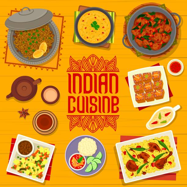indisches essen restaurant mahlzeiten vektor menü cover - tisch holzteller gedeckt stock-grafiken, -clipart, -cartoons und -symbole
