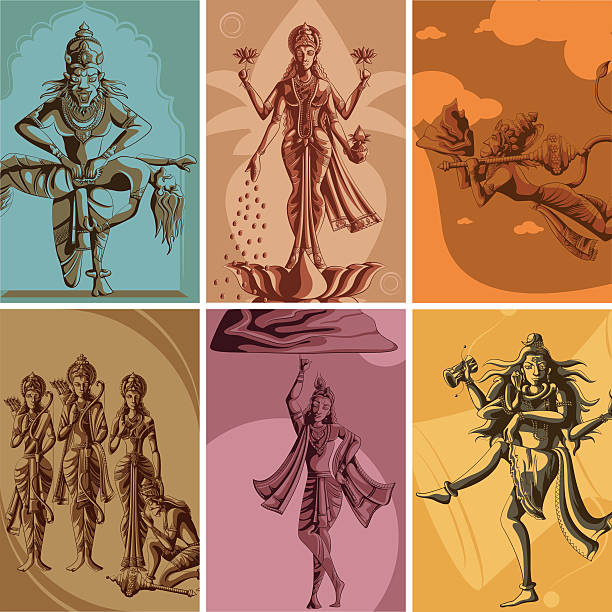 Indian God and Goddess Religious Vintage Poster Indian God and Goddess Religious Vintage Poster. Vector illustration vishnu stock illustrations
