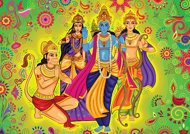 Indian God Rama with Laxman and Sita for Dussehra festival Vector design of Indian God Rama with Laxman and Sita for Dussehra festival celebration in India ramayana stock illustrations